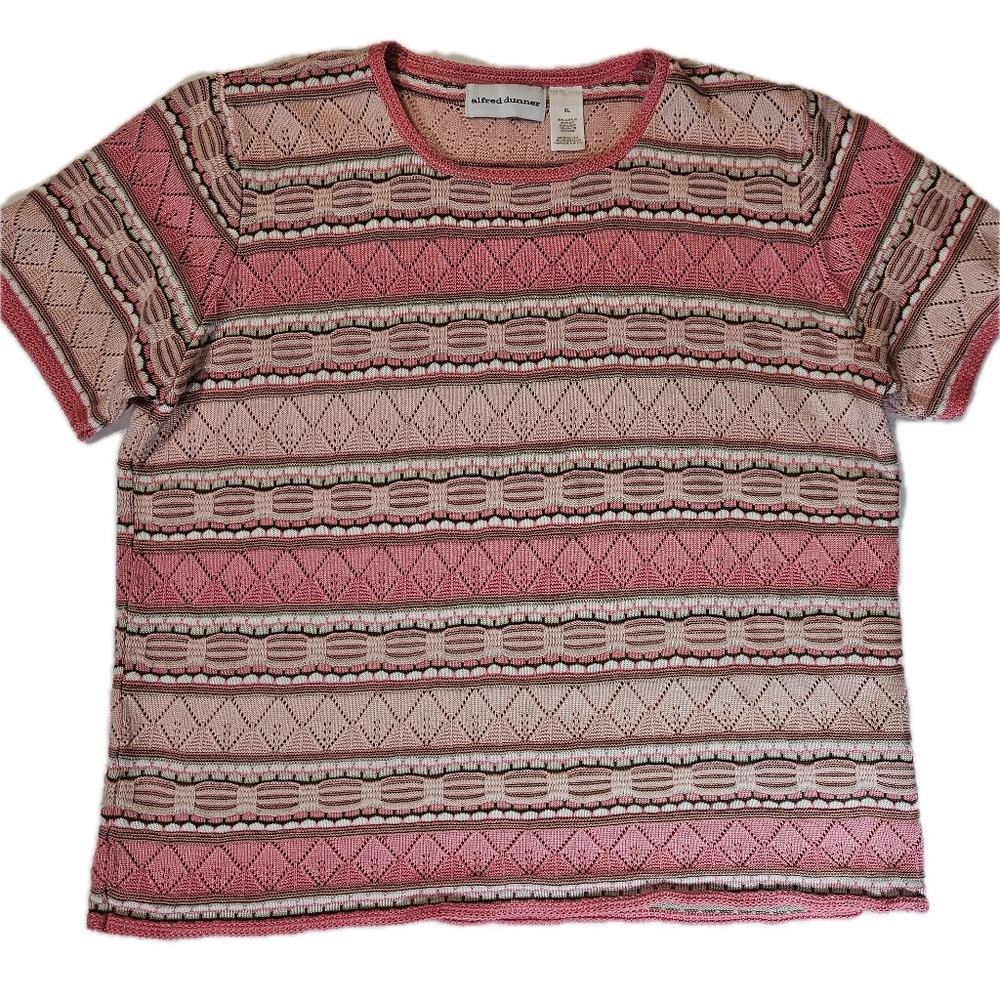 Alfred Dunner Sweater Womens XL Pink Short Sleeve Pullover Open-Knit Striped